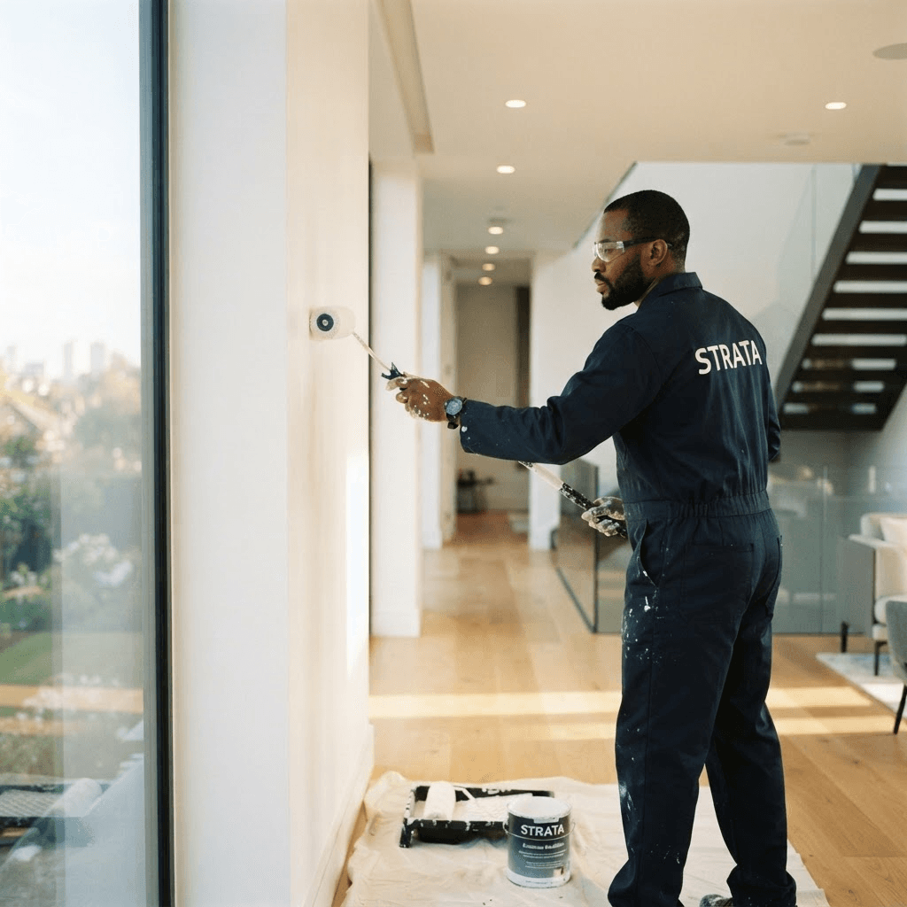 Professional painters finishing a refined modern living room